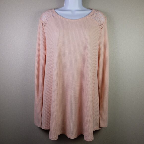 Faded Glory Tops - Faded Glory Pink Lace Shoulder Long Sleeve Waffle Knit Top Size XL